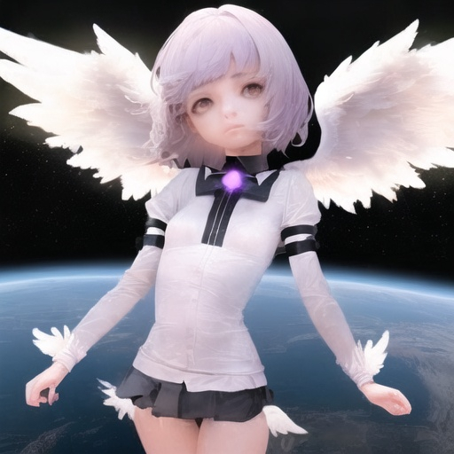Prompt: A girl with the aspect of cuteness undetermined and the stoicism of the left, right, and angel wings that grow to transcend into space