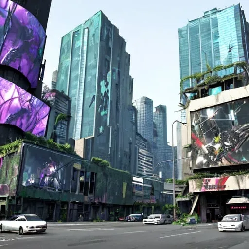 Prompt: entertainment district with an overgrown tomb, urban decay alongside techno futuristic excess and maximalist architecture, billboards, mirrors edge, bloom