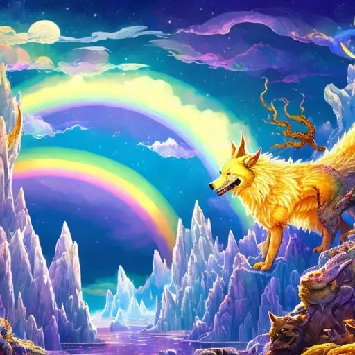 Prompt: 1. fenrir over bifrost, in the style of 🌈 , folk-inspired illustrations, luminescent lightscapes, celestialpunk
2. Cultural forces move in a not random and continuous arrangement
3. sunshine and moonshine