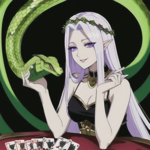 Prompt: Beautiful smug luminescent and ungodly medusa gorgon woman winning at a game of cards, pale skin,  snakes in hair, royalty, sharp eyes, prominent greens and blacks, as if in shadows, good health, magical realism