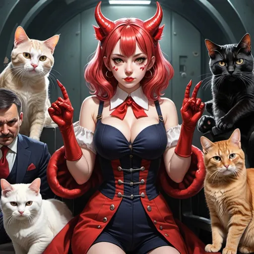 Prompt: there is a desiring-machine in the
center: the devil waifu with a cat paw gesture. And then, all around, there are agents of production and antiproduction, the organizers of the escape, the
accomplices, the allied sovereigns, the revolutionary enemies