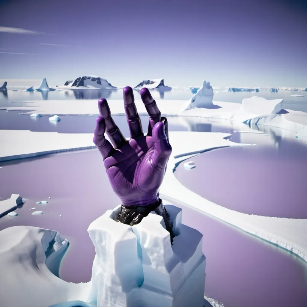 Prompt: Two giant disembodied hands engaged in a handshake in the foreground, Antarctica in the background, tinted purple 