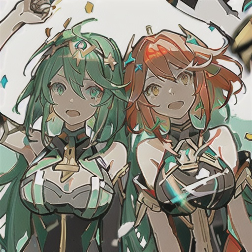 Prompt: pyra and mythra from xenoblade, rushed, graffiti, confetti shrapnel, drunk