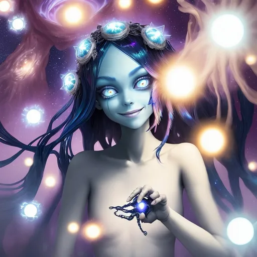 Prompt: many blinking eyes, eyes in the dark, stars, unidentified flying objects, princess, smiling,  dark blue hair, scenic, portrait, insanity, breathtaking, iridescent, complex, grandiose, sumptuous, luxurious,  extra limbs, extra fingers, extra arms, poorly drawn face, mutation, bad proportions, error, jpeg artifacts