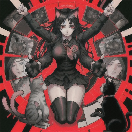 Prompt: there is a desiring-machine in the
center: the devil waifu with a cat paw gesture. And then, all around, there are agents of production and antiproduction, the organizers of the escape, the
accomplices, the allied sovereigns, the revolutionary enemies