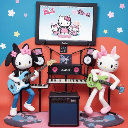 Prompt: His rock band in his daydream, Kuromi and the Little Bunnies Whom Hop Ahead, featuring My Melody on bass guitar, Hello Kitty on keyboard, and Cinnamoroll on drums, and the little bunnies whom hop ahead and in every direction