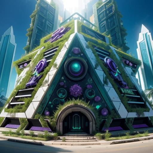 Prompt: entertainment district with an overgrown tomb, maximalist architecture in the fashion of crystalline motherboard, mirrored edges, urban decay, techno future excess, abstract, photography, vivid colors