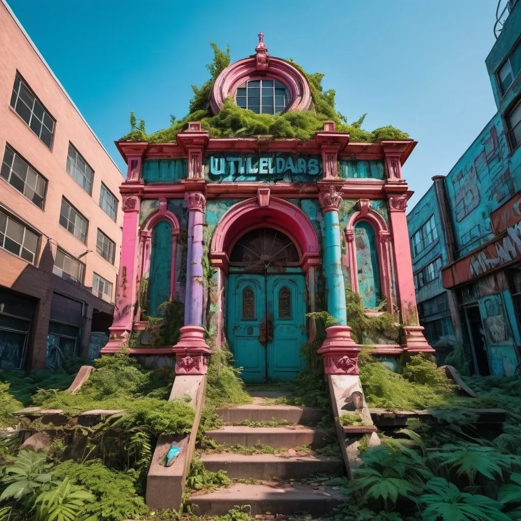 Prompt: entertainment district with an overgrown tomb, maximalist architecture in the fashion of crystalline motherboard, urban decay, techno future excess, utilitarian, abstract, photography, vivid colors