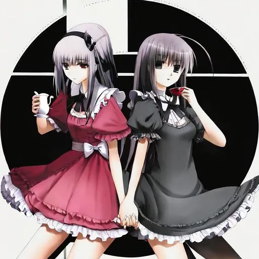 Prompt: 2 girls, lain iwakura from serial experiments lain, alice from alice in wonderland, best friends forever, holding hands, frilly dress, tea party,  cyberclub background, neo-tokyo background