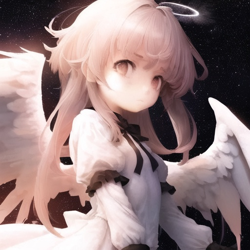 Prompt: A girl with the aspect of cuteness undetermined and the stoicism of the left, right, and angel wings that grow to transcend into space
