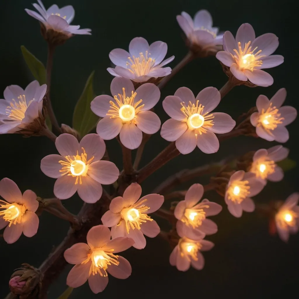 Prompt: LED blossoms bloom during shy season. Lightbulb like flowers. Evolutionary advantage: the exponentially increasing difficulty of staying the same