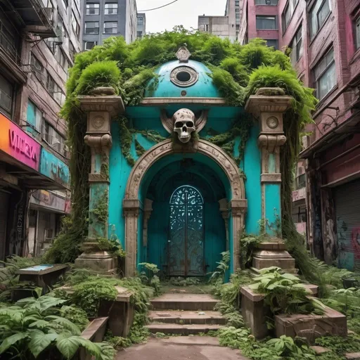 Prompt: entertainment district with an overgrown tomb, maximalist architecture in the fashion of crystalline motherboard, urban decay, techno futuristic excess, utilitarian, realistic photography, vivid colors