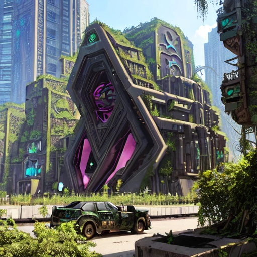 Prompt: entertainment district with an overgrown tomb, maximalist architecture, urban decay, techno futuristic excess, utilitarian, realistic photography, in the style of crystalline motherboard