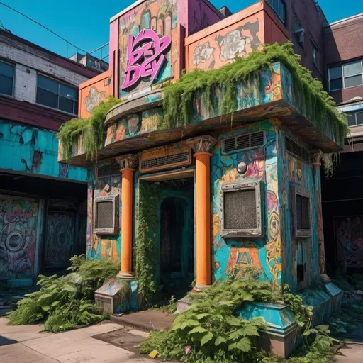 Prompt: entertainment district with an overgrown tomb, maximalist architecture in the fashion of crystalline motherboard, urban decay, techno future excess, utilitarian, abstract, photography, vivid colors