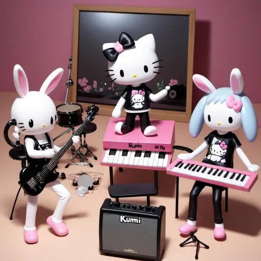 Prompt: His rock band in his daydream, Kuromi and the Little Bunnies Whom Hop Ahead, featuring My Melody on bass guitar, Hello Kitty on keyboard, and Cinnamoroll on drums, and the little bunnies whom hop ahead and in every direction