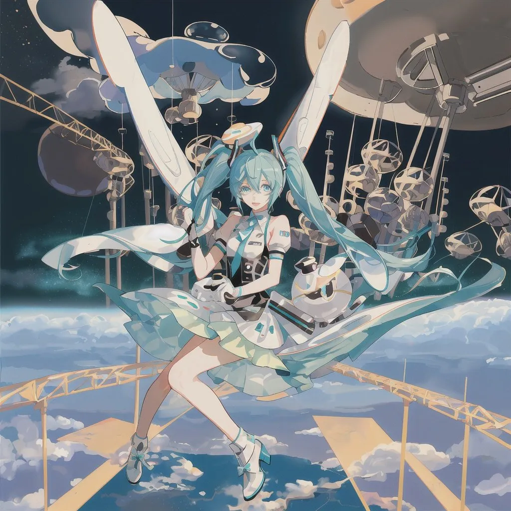 Prompt: miku riding a flying saucer, cartoon flying saucer, saddle on flying saucer, silly spaceship, flying, space exterior, vocaloid, neon, delivering mcdonalds, hamburgers, mcdonalds, parody mcdonalds mikuburger, mikuburger, "mikuburger", sign saying mikuburger