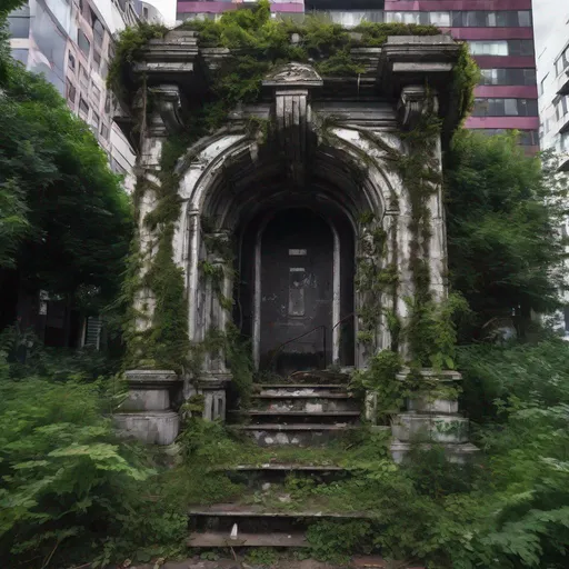 Prompt: overgrown tomb in the entertainment district, urban decay alongside techno futuristic excess and maximalist architecture