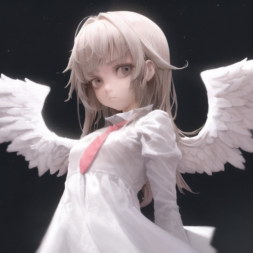 Prompt: A girl with the aspect of cuteness undetermined and the stoicism of the left, right, and angel wings that grow to transcend into space