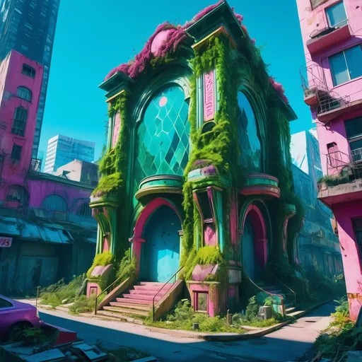 Prompt: entertainment district with an overgrown tomb, maximalist architecture in the fashion of crystalline motherboard, urban decay, techno future excess, utilitarian, abstract, photography, vivid colors