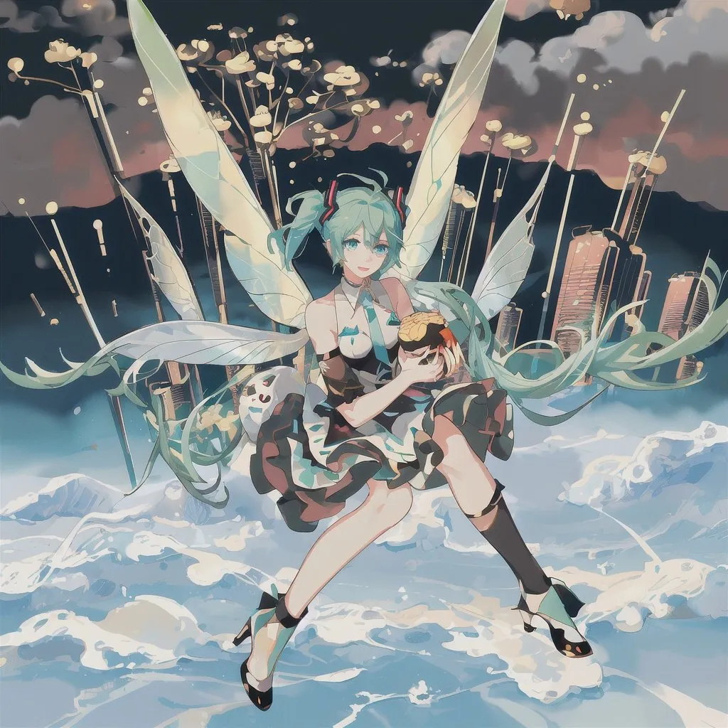 Prompt: miku, vocaloid, fairy, fairy wings, mechanical wings, mechanical fairy wings, cyborg fairy, fairy cyborg miku, mcdonalds, miku delivering mcdonalds, delivering hamburger, giving burger to viewer, holding hamburger, juicy hamburger, food photography