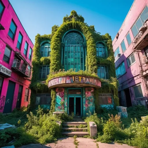 Prompt: entertainment district with an overgrown tomb, maximalist architecture in the fashion of crystalline motherboard, urban decay, techno future excess, utilitarian, abstract, photography, vivid colors