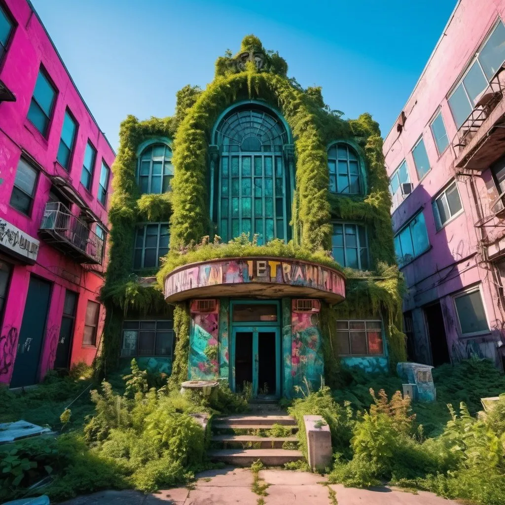 Prompt: entertainment district with an overgrown tomb, maximalist architecture in the fashion of crystalline motherboard, urban decay, techno future excess, utilitarian, abstract, photography, vivid colors