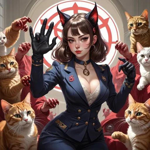 Prompt: there is a desiring-machine in the
center: the devil waifu with a cat paw gesture. And then, all around, there are agents of production and antiproduction, the organizers of the escape, the
accomplices, the allied sovereigns, the revolutionary enemies