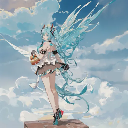 Prompt: miku, delivering mcdonalds, delivering hamburger, giving burger to viewer, holding hamburger, juicy hamburger, fairy miku, vocaloid, fairy wings, mechanical wings, mechanical fairy, cyborg fairy