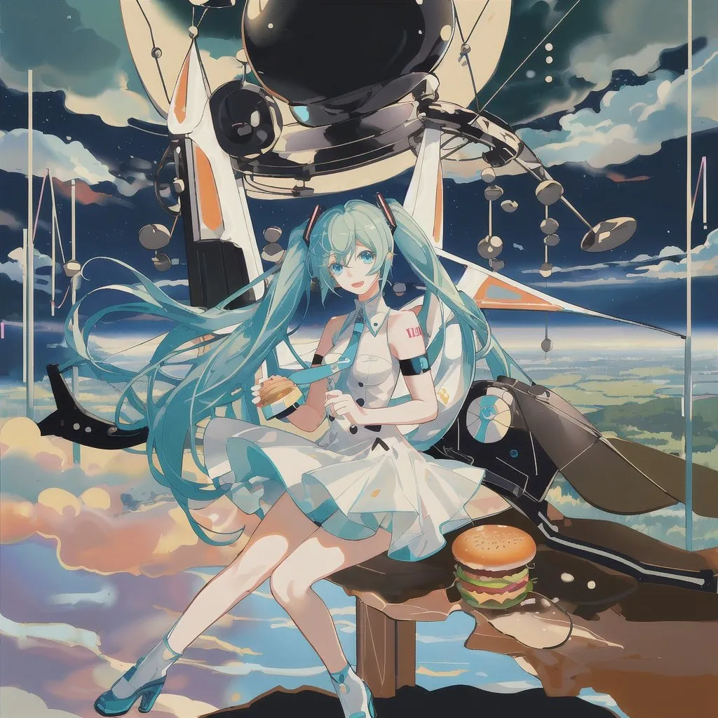 Prompt: miku riding a flying saucer, cartoon flying saucer, saddle on flying saucer, silly spaceship, flying, space exterior, vocaloid, neon, delivering mcdonalds, hamburgers, mcdonalds, parody mcdonalds mikuburger, mikuburger, "mikuburger", sign saying mikuburger