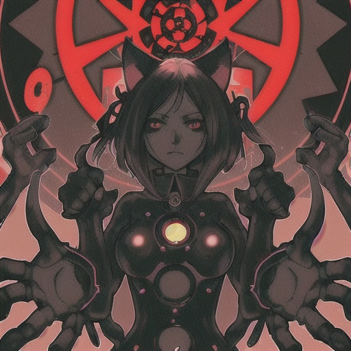 Prompt: there is a desiring-machine in the
center: the devil waifu with a cat paw gesture. And then, all around, there are agents of production and antiproduction, the organizers of the escape, the
accomplices, the allied sovereigns, the revolutionary enemies