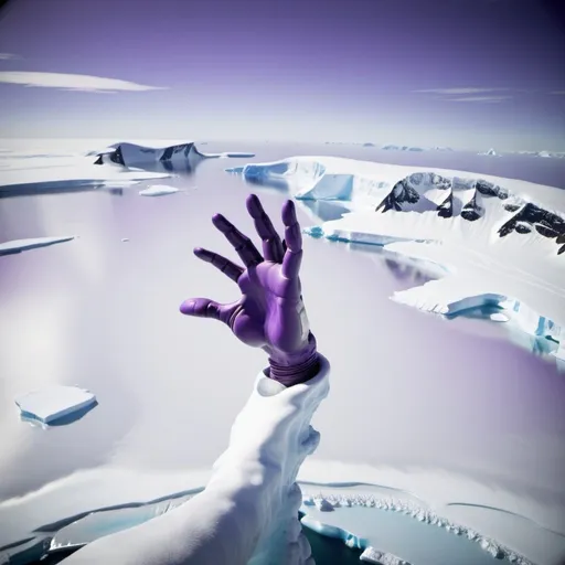 Prompt: Two giant disembodied hands engaged in a handshake in the foreground, Antarctica in the background, tinted purple 