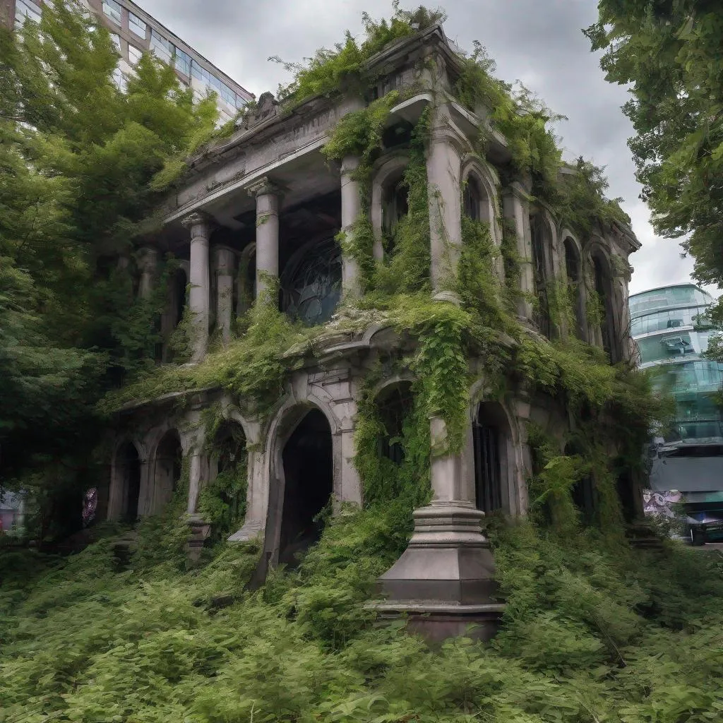 Prompt: overgrown tomb in the entertainment district, urban decay alongside techno futuristic excess and maximalist architecture