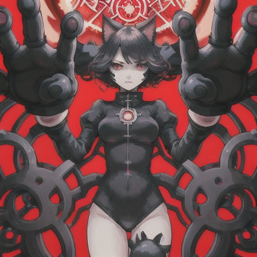 Prompt: there is a desiring-machine in the
center: the devil waifu with a cat paw gesture. And then, all around, there are agents of production and antiproduction, the organizers of the escape, the
accomplices, the allied sovereigns, the revolutionary enemies