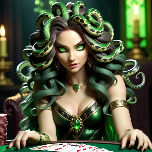 Prompt: Beautiful smug luminescent and ungodly medusa gorgon woman playing a game of cards, pale skin,  snakes in hair, royalty, sharp eyes, prominent greens and blacks, as if in shadows, good health, magical realism