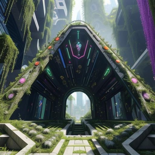 Prompt: entertainment district with an overgrown tomb, maximalist architecture in the fashion of crystalline motherboard, mirrored edges, urban decay, techno future excess, abstract, photography, vivid colors