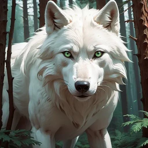 Prompt: fantasy book cover, gorgeous white wolf from the book red riding hood, the wolf is tall and masculine and pretty, soft freckles,anthropomorphic, big large green eyes, , iron palace gray metal ,forest full of pine trees in the backgtound, fishlail, Frank Frazetta, cottage Background, Victo Ngai, Detailed, Vibrant, Sharp Focus, Character Design, Wlop, Kuvshinov, Character Design, TXAA, 32k, Highly Detailed, Dynamic Pose, Intricate Motifs, Organic Tracery, Perfect Composition, Digital Painting, Artstation, Smooth, Sharp Focus, Illustration, hyperdetailed, greg rutkowski