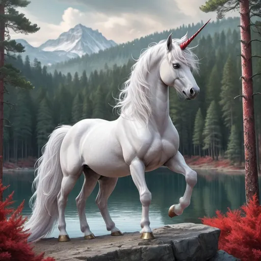 Prompt: fantasy book cover, beautiful unicorn,white fur, long tail with red highlights , iron palace gray metal, landscape beautiful pine forest lake Background, Detailed, Vibrant, Sharp Focus, 32k, Highly Detailed, Dynamic Pose, Intricate Motifs