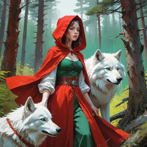 Prompt: fantasy book cover, beautiful red riding hood, tall and willowy and pretty,looking her from far, behind her is walking big white wolf, soft freckles, big large green eyes, intricate red gown, iron palace gray metal, landscape beautiful pine forest, fishlail, Carne Griffiths, Michael Garmash, Frank Frazetta, cottage Background, Victo Ngai, Detailed, Vibrant, Sharp Focus, Character Design, Wlop, Kuvshinov, Character Design, TXAA, 32k, Highly Detailed, Dynamic Pose, Intricate Motifs, Organic Tracery, Perfect Composition, Digital Painting, Artstation, Smooth, Sharp Focus, Illustration, hyperdetailed, greg rutkowski