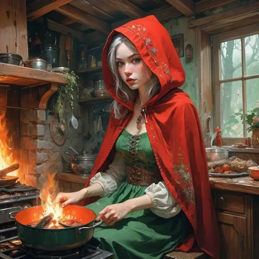 Prompt: fantasy book cover, beautiful red riding hood, tall and willowy and pretty, soft freckles, big large green eyes, intricate red gown, she is sitting next to her grandmother, you can see her grandmother cooking near the fire palce in the cottage, iron palace gray metal , fishlail, Carne Griffiths, Michael Garmash, Frank Frazetta, cottage Background, Victo Ngai, Detailed, Vibrant, Sharp Focus, Character Design, Wlop, Kuvshinov, Character Design, TXAA, 32k, Highly Detailed, Dynamic Pose, Intricate Motifs, Organic Tracery, Perfect Composition, Digital Painting, Artstation, Smooth, Sharp Focus, Illustration, hyperdetailed, greg rutkowski