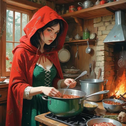 Prompt: fantasy book cover, beautiful red riding hood, tall and willowy and pretty, soft freckles, big large green eyes, intricate red gown, she is next to her grandmother, in the cottage,her grandmother is cooking sop=up near the fire palce, iron palace gray metal , fishlail, Carne Griffiths, Michael Garmash, Frank Frazetta, cottage Background, Victo Ngai, Detailed, Vibrant, Sharp Focus, Character Design, Wlop, Kuvshinov, Character Design, TXAA, 32k, Highly Detailed, Dynamic Pose, Intricate Motifs, Organic Tracery, Perfect Composition, Digital Painting, Artstation, Smooth, Sharp Focus, Illustration, hyperdetailed, greg rutkowski