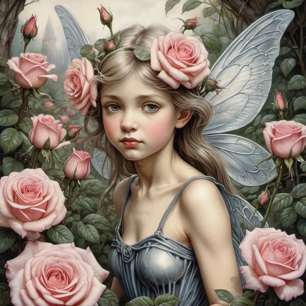 Prompt: flower fairy, roses, beautiful garden , hyper realistic, by Cicely Mary Barker, by giger