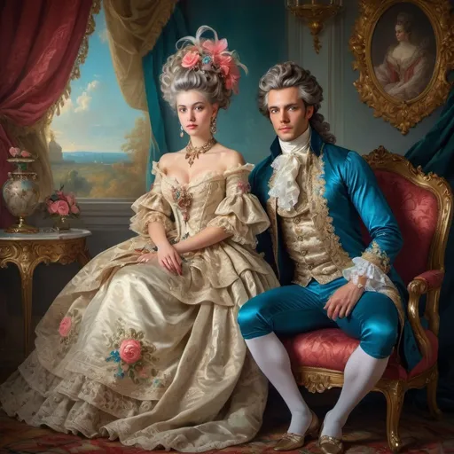 Prompt: Rococo era portrait of a gorgeous woman sitting next to a gorgeous man, full body,oil painting, luxurious clothing, elaborate hairstyle, ornate jewelry, strong vivid colors, soft and diffused lighting, high quality, detailed brushwork, elegant and refined, opulent setting, intricate lace details, classic beauty, historical art, Rococo style, delicate features, aristocratic charm