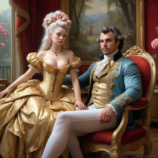 Prompt: beautiful girl Rococo-gold next to beautiful man without mustache, gros seins,  (high detailed) in the chairs of red roses with seins of figs fruit by Jean-Léon Gérôme, from 2006 film "Marie Antoinette "Insanely detailed full body portrait photography of a majestic beautiful fierce, WLOP, dynamic lighting, hyperdetailed, Intricately Detailed, Photorealism, Filmic, deep color, #film, 8K resolution ethereal fantasy hyperdetailed mist Thomas Kinkade
