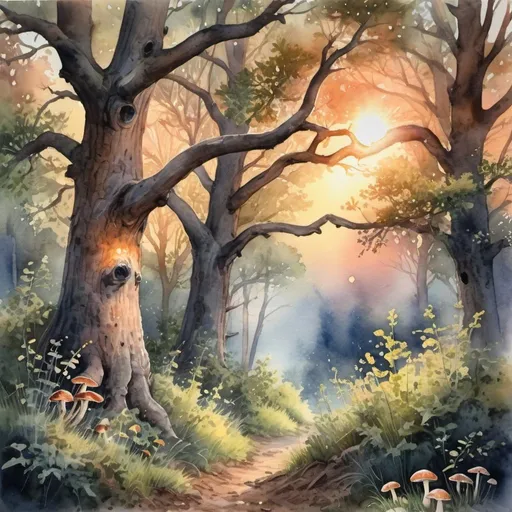 Prompt: Majestic, hyper realistic, watercolor,oak forest, sunset, last sunlight rays are seen through branches of the oaks, glooming fireflies, flowers, mushrooms, flora, 32k 