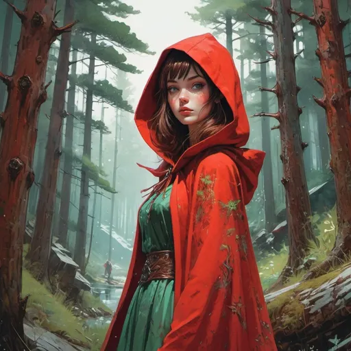 Prompt: fantasy book cover, beautiful red riding hood, tall and willowy and pretty, soft freckles, big large green eyes, intricate red gown, iron palace gray metal, landscape beautiful pine forest, fishlail, Carne Griffiths, Michael Garmash, Frank Frazetta, cottage Background, Victo Ngai, Detailed, Vibrant, Sharp Focus, Character Design, Wlop, Kuvshinov, Character Design, TXAA, 32k, Highly Detailed, Dynamic Pose, Intricate Motifs, Organic Tracery, Perfect Composition, Digital Painting, Artstation, Smooth, Sharp Focus, Illustration, hyperdetailed, greg rutkowski