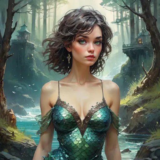 Prompt: fantasy book cover, beautiful woman,a black haired mermaid princess with brown highlights in her very short messy wavy bob hair, mermaid fae, tall and willowy and pretty, soft freckles, big large green eyes, pointed ears, intricate blue and green gown, pointy ears, iron palace gray metal, landscape beautiful pine forest, fishlail, Carne Griffiths, Michael Garmash, Frank Frazetta, Castle Background, Victo Ngai, Detailed, Vibrant, Sharp Focus, Character Design, Wlop, Kuvshinov, Character Design, TXAA, 32k, Highly Detailed, Dynamic Pose, Intricate Motifs, Organic Tracery, Perfect Composition, Digital Painting, Artstation, Smooth, Sharp Focus, Illustration, hyperdetailed, greg rutkowski