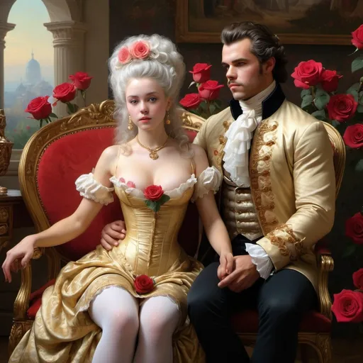 Prompt: beautiful girl Rococo-gold next to beautiful man , gros seins,  (high detailed) in the chairs of red roses with seins of figs fruit by Jean-Léon Gérôme, from 2006 film "Marie Antoinette "Insanely detailed full body portrait photography of a majestic beautiful fierce, WLOP, dynamic lighting, hyperdetailed, Intricately Detailed, Photorealism, Filmic, deep color, #film, 8K resolution ethereal fantasy hyperdetailed mist Thomas Kinkade