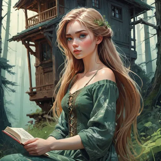 Prompt: fantasy book cover, beautiful Rapunzel, tall and willowy and pretty, soft freckles, big large green eyes, intricateblie dress, iron palace gray metal, landscape beautiful pine forest, fishlail, Carne Griffiths, Michael Garmash, Frank Frazetta, cottage Background, Victo Ngai, Detailed, Vibrant, Sharp Focus, Character Design, Wlop, Kuvshinov, Character Design, TXAA, 32k, Highly Detailed, Dynamic Pose, Intricate Motifs, Organic Tracery, Perfect Composition, Digital Painting, Artstation, Smooth, Sharp Focus, Illustration, hyperdetailed, greg rutkowski