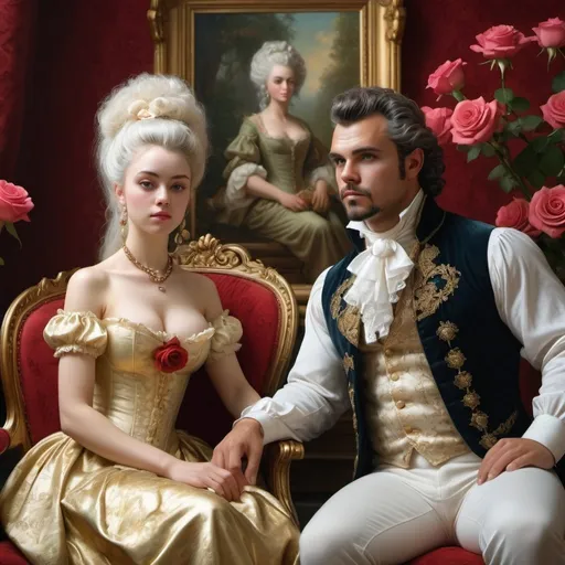 Prompt: beautiful girl Rococo-gold next to beautiful man , gros seins,  (high detailed) in the chairs of red roses with seins of figs fruit by Jean-Léon Gérôme, from 2006 film "Marie Antoinette "Insanely detailed full body portrait photography of a majestic beautiful fierce, WLOP, dynamic lighting, hyperdetailed, Intricately Detailed, Photorealism, Filmic, deep color, #film, 8K resolution ethereal fantasy hyperdetailed mist Thomas Kinkade
