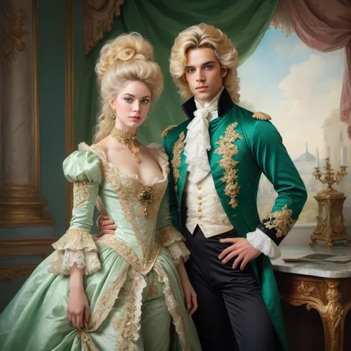 Prompt: Rococo era full body portrait of a woman with beautiful man with blond hair and green eyes dressed as prince, oil painting, luxurious clothing, elaborate hairstyle, ornate jewelry, soft pastel colors, soft and diffused lighting, high quality, detailed brushwork, elegant and refined, opulent setting, intricate lace details, classic beauty, historical art, Rococo style, delicate features, aristocratic charm